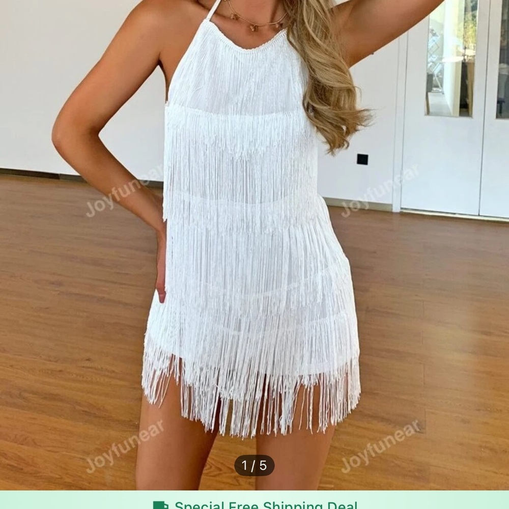 White Fringe Halter Dress